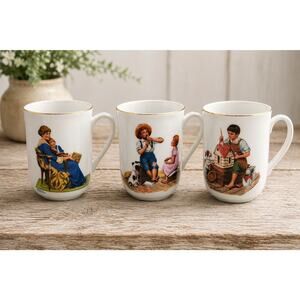 Vintage Norman Rockwell Museum mug set, 3 pieces, dated 1982.